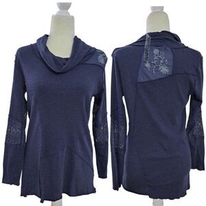 RXB Women's Patchwork Raw Seems Cowl Neck Lace Insert Midnight Blue Top Sz L
